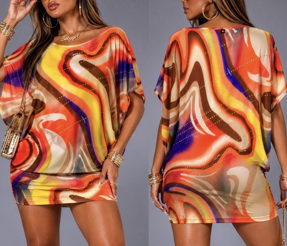 Apple Bottoms Vintage NWT Abstract Print Batwing Dress Orange Yellow Stretch S